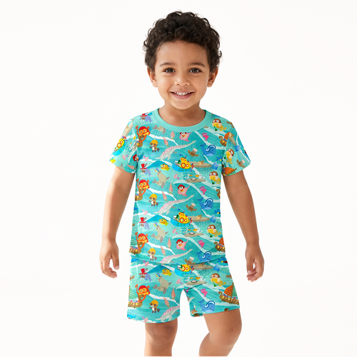 Ocean Sailboat and Sea Animal Parade Kids Bamboo Two-Piece Pajama Short Sleeve Set