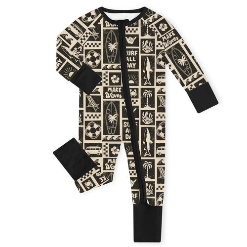Retro Surf Waves Bamboo Zipper Romper Pajamas