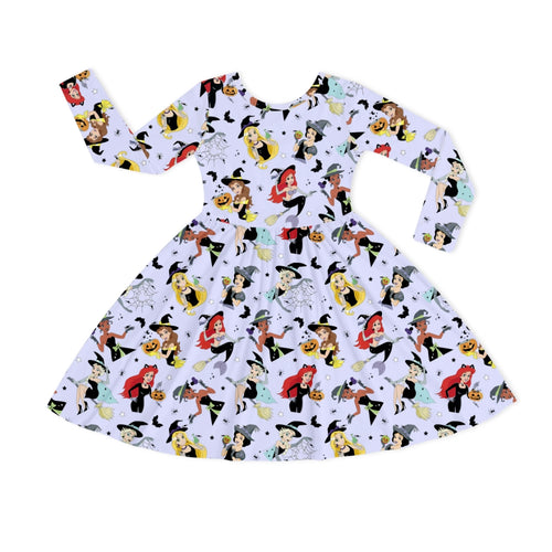Halloween Princess Pumpkin Bats Purple Kids Bamboo Long Sleeves Dress