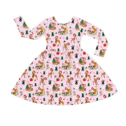 Christmas Pink Deer and Woodland Pals Kids Bamboo Long Sleeves Dress