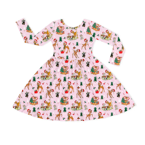 Christmas Pink Deer and Woodland Pals Kids Bamboo Long Sleeves Dress