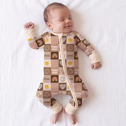 Retro Good Vibes Checkerboard Cream Bamboo Zipper Romper Pajamas