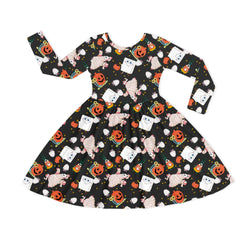 Halloween Smiley Sponge Friends and Pumpkin Kids Bamboo Long Sleeves Dress