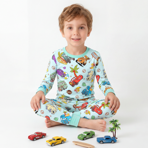 Vintage Cars Road Trip Mint Green Kids Two-Piece Pajama Set
