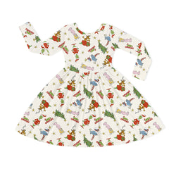 Christmas Green Face And Girl Kids Bamboo Long Sleeves Dress