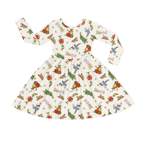 Christmas Green Face And Girl Kids Bamboo Long Sleeves Dress