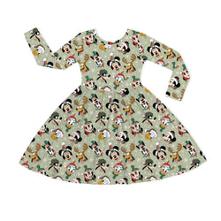 Christmas Mouse and Duck Pals on Forest Green Kids Bamboo Long Sleeves Dress