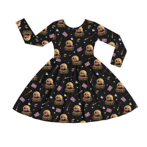Halloween Witch Sisters Magic Book Kids Bamboo Long Sleeves Dress