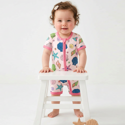 Colorful Ocean Shells and Stars Playtime Pink Short Bamboo Zippy Baby Romper