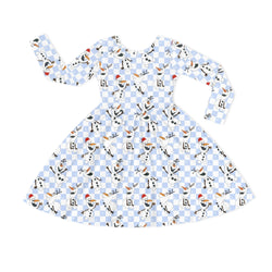 Christmas Big Face Snowman Blue Checkered Kids Bamboo Long Sleeves Dress