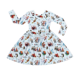 Christmas Snowy Town Santa and Friends Truck on Frost Blue Kids Bamboo Long Sleeves Dress