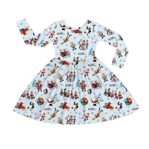 Christmas Snowy Town Santa and Friends Truck on Frost Blue Kids Bamboo Long Sleeves Dress