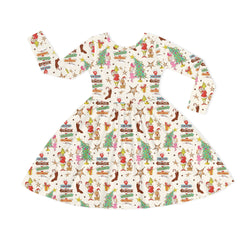 Christmas Green Face Wonderland Kids Bamboo Long Sleeves Dress