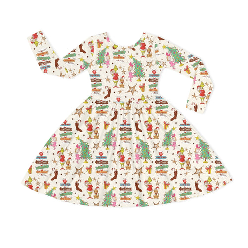 Christmas Green Face Wonderland Kids Bamboo Long Sleeves Dress