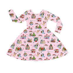 Christmas Dog Friends and Trees Gifts on Pink Kids Bamboo Long Sleeves Dress