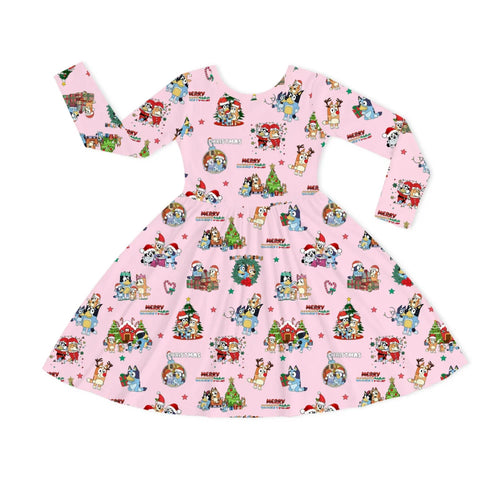Christmas Dog Friends and Trees Gifts on Pink Kids Bamboo Long Sleeves Dress