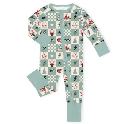Christmas Biker Santa Bamboo Zipper Romper Pajamas