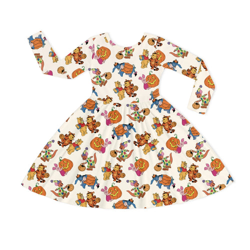 Halloween Bear and Friends Pumpkin Kids Bamboo Long Sleeves Dress