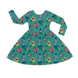Christmas Playful Blue Buddy Baubles Kids Bamboo Long Sleeves Dress