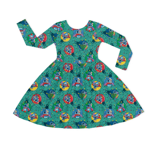 Christmas Playful Blue Buddy Baubles Kids Bamboo Long Sleeves Dress
