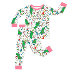 Christmas Tree Light Green Face Kids Bamboo Two-Piece Pajama Set
