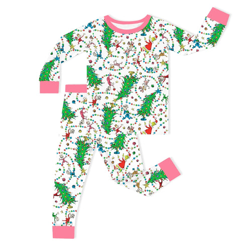 Christmas Tree Light Green Face Kids Bamboo Two-Piece Pajama Set