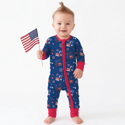 4th of July Red White Fireworks and Truck Bamboo Zipper Romper Pajamas