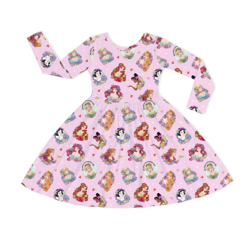 Garden Floral Princess Dreams on Pink Kids Bamboo Long Sleeves Dress