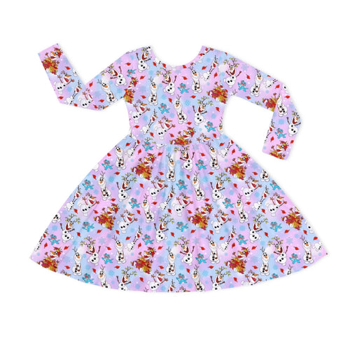 Christmas Big Face Snowman Multicolor Kids Bamboo Long Sleeves Dress