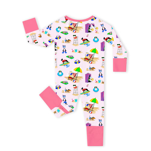 Seaside Surf Pup on Sunny Beach Pink Bamboo Zipper Romper Pajamas