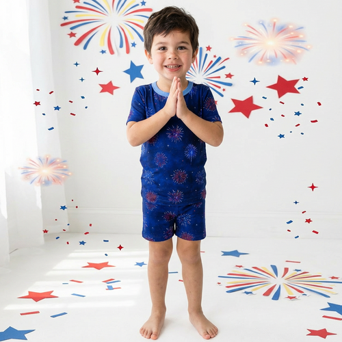 4th of July Colorful Firework Twinkle Stars Navy Bamboo Two-Piece Pajama Short Sleeve Set
