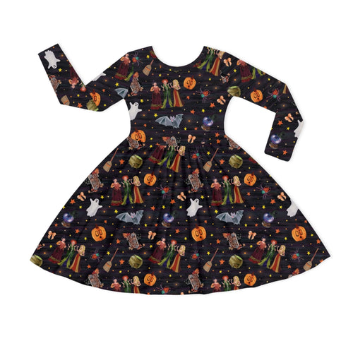 Halloween Witch Sisters Pumpkin Kids Bamboo Long Sleeves Dress
