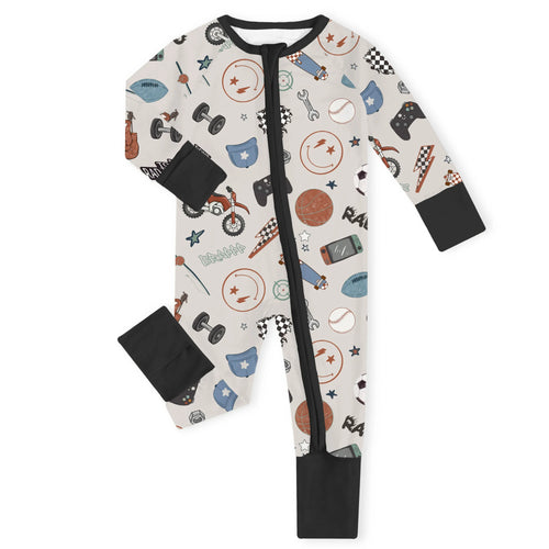 Cool Boy Rad Sports Black Bamboo Zipper Romper Pajamas