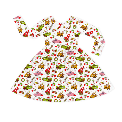 Christmas Cartoon Car Kids Bamboo Long Sleeves Dress