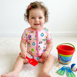 Seaside Surf Pup on Sunny Beach Pink Short Bamboo Zippy Baby Romper