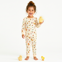 Farm Duck and Chicken in Wildflower Floral Kids Bamboo Two-Piece Pajama Set