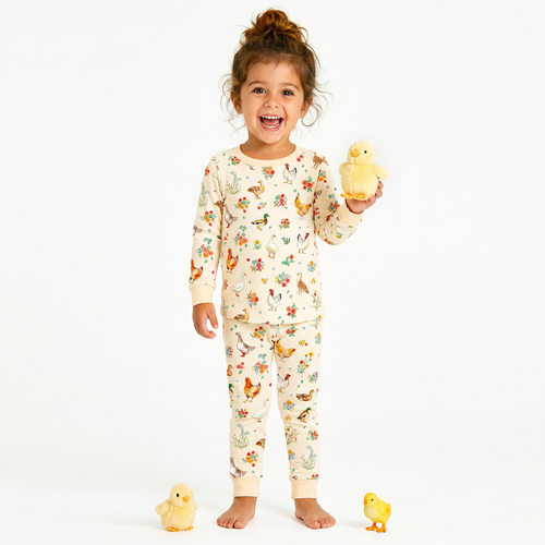 Farm Duck and Chicken in Wildflower Floral Kids Bamboo Two-Piece Pajama Set