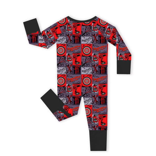 Red-Black Plaid Drive Wheels and Tools Game Bamboo Zipper Romper Pajamas