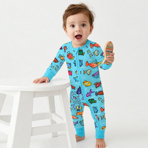 Blue Ocean Fish Frenzy Bamboo Zipper Romper Pajamas