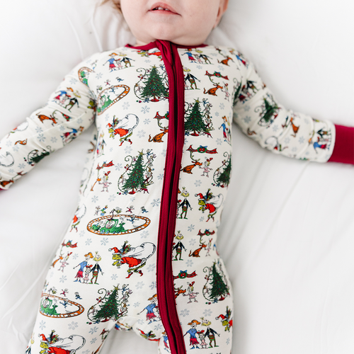 Christmas Snowflake Green Face Dog Baby Bamboo Zipper Romper Pajamas