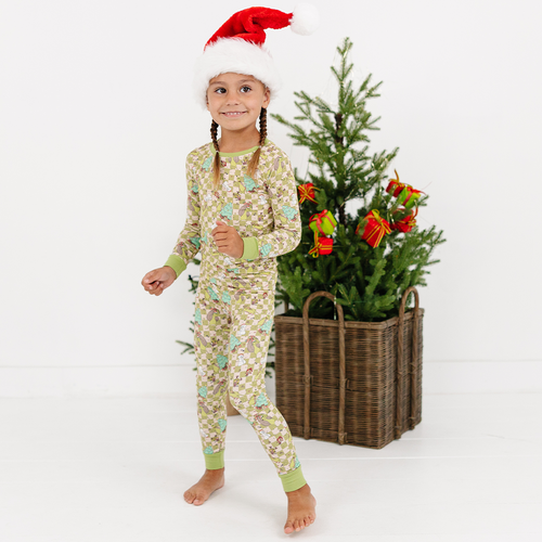 Christmas Green Face Stole Gift Plaid Kids Bamboo Two-Piece Pajama Set