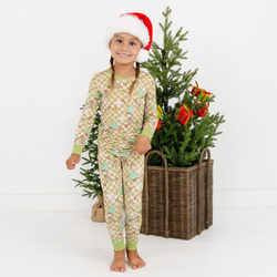 Christmas Green Face Stole Gift Plaid Kids Bamboo Two-Piece Pajama Set