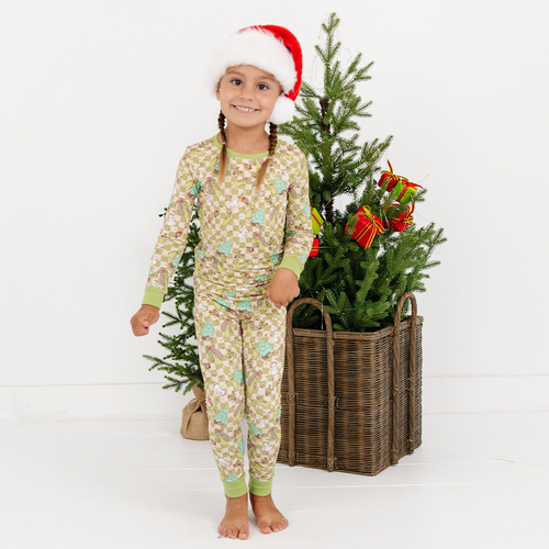 Christmas Green Face Stole Gift Plaid Kids Bamboo Two-Piece Pajama Set