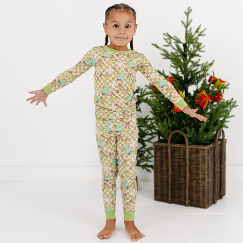 Christmas Green Face Stole Gift Plaid Kids Bamboo Two-Piece Pajama Set