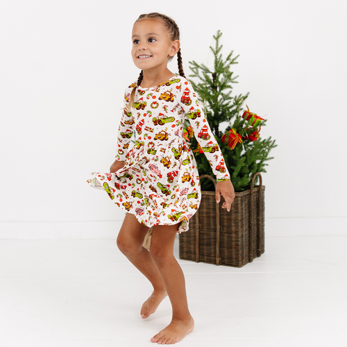 Christmas Cartoon Car Kids Bamboo Long Sleeves Dress