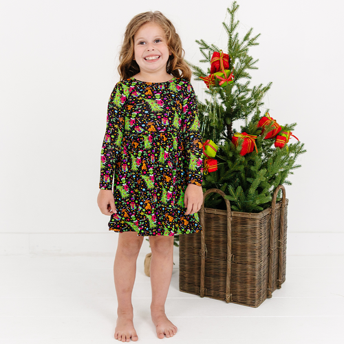 Christmas Tree Green Face Gift Kids Bamboo Long Sleeves Dress
