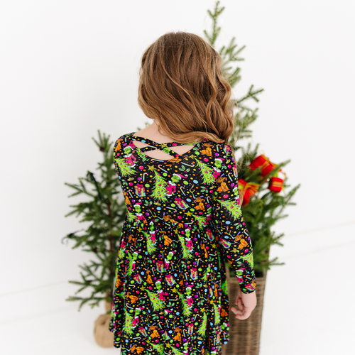 Christmas Tree Green Face Gift Kids Bamboo Long Sleeves Dress