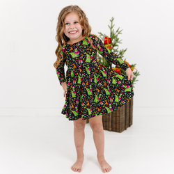 Christmas Tree Green Face Gift Kids Bamboo Long Sleeves Dress