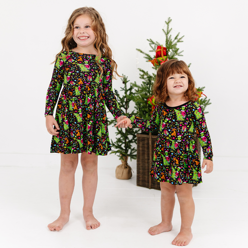 Christmas Tree Green Face Gift Kids Bamboo Long Sleeves Dress