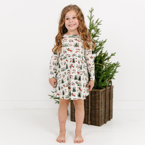 Christmas Snowflake Green Face Dog Kids Bamboo Long Sleeves Dress